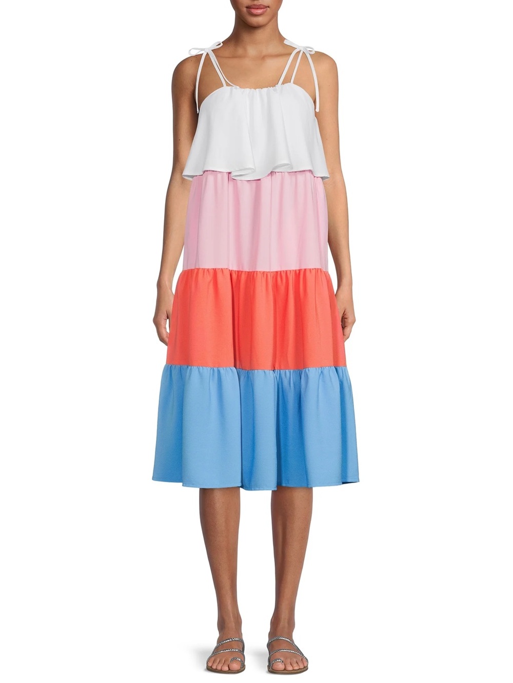 Time & Tru Women's Sleeveless Flowing Colorblock Tiered Midi Dress Size Large